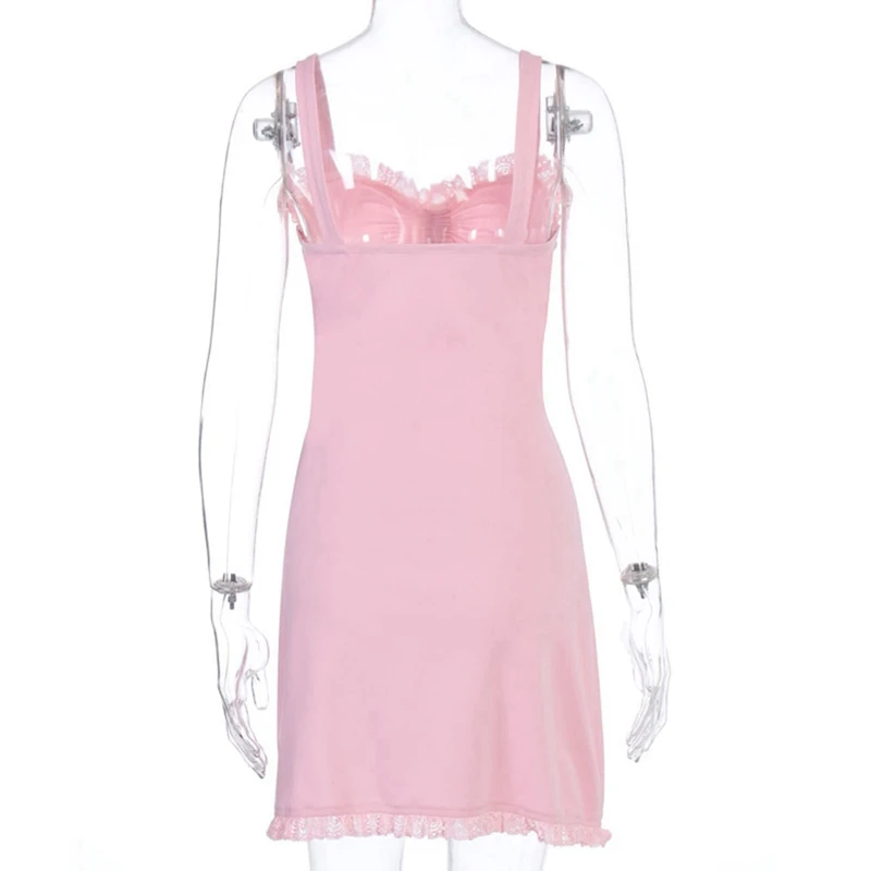 

Kawaii Spaghetti Strap Ruched Front Party Dresses with Lace E-girl Hollow Out Waist A-line Mini Dress Sweet Summer