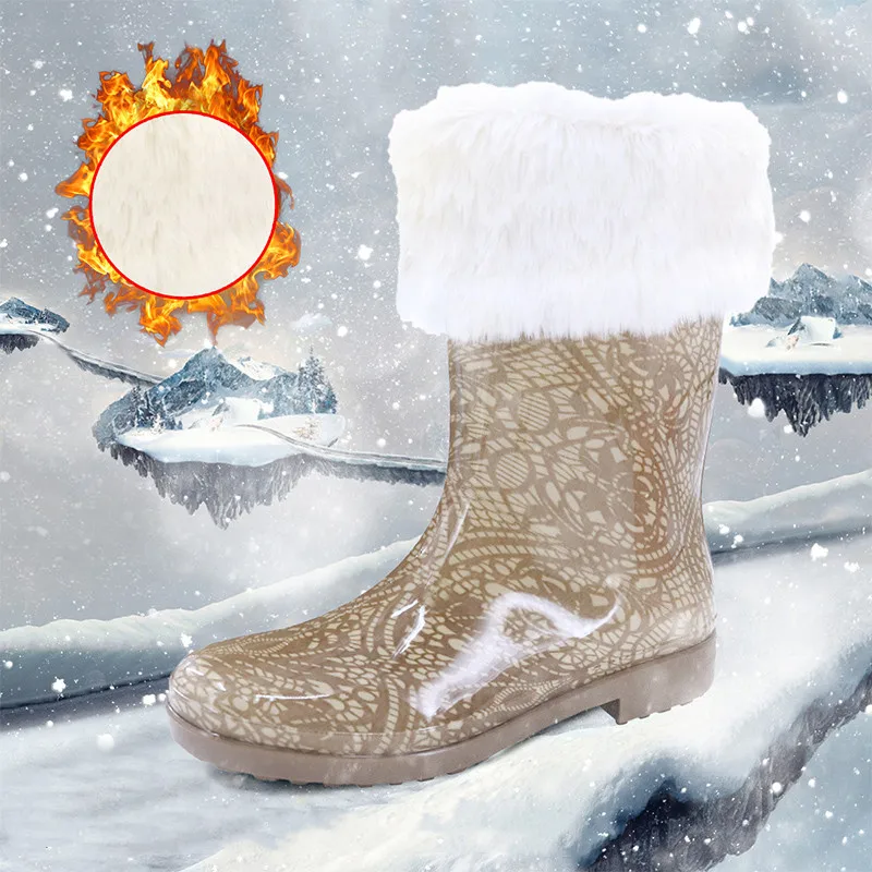 New Plush Lining Print Rain Boots Women Winter Mid-Calf Warm Water Boots Female Winter Waterproof Footwear Slip-on Rainboots