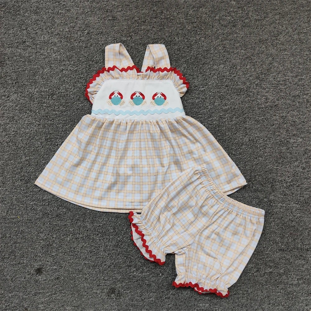 

Summer Girls Clothes Brown Check Sleeveless Strap Top And Brown Plaid Shorts Three Crab Embroidery Patterns Toddler Girl Outfits