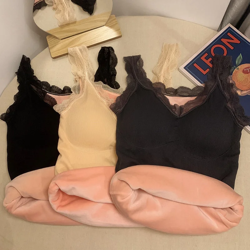 Close fitting warm vest women's autumn winter Plush thickened heating underwear with breast pad bottom shirt Rac | Женская одежда