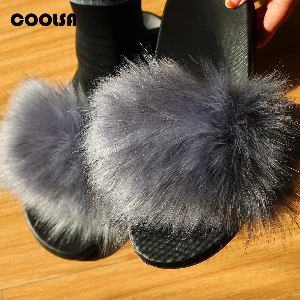 Шлепанцы женские с мехом енота искусственный мех сланцы плоская подошва