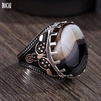 bocai new 100 real 925 silver ring for men natural stone flower agate ring middle east simple jewelry s925 silver mens rings