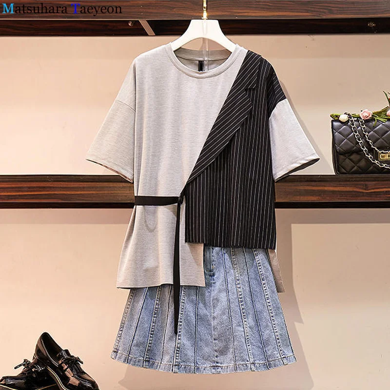 

Women Irregular T-Shirt + jeans Skirts Suits Solid Tops Vintage two piece set Skirt Sets for Elegant Woman Skirts Set
