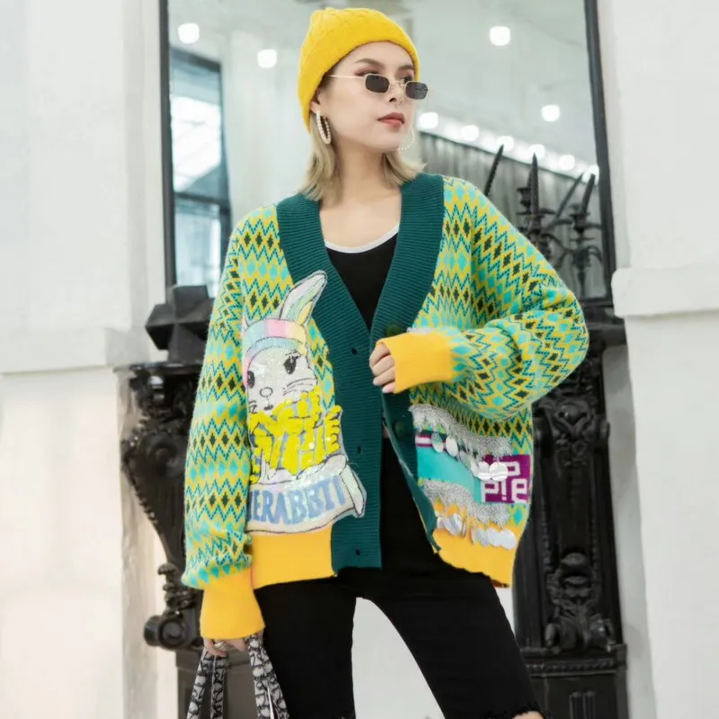 Женский свободный кардиган в стиле ретро с блестками и буквенным принтом кролика
