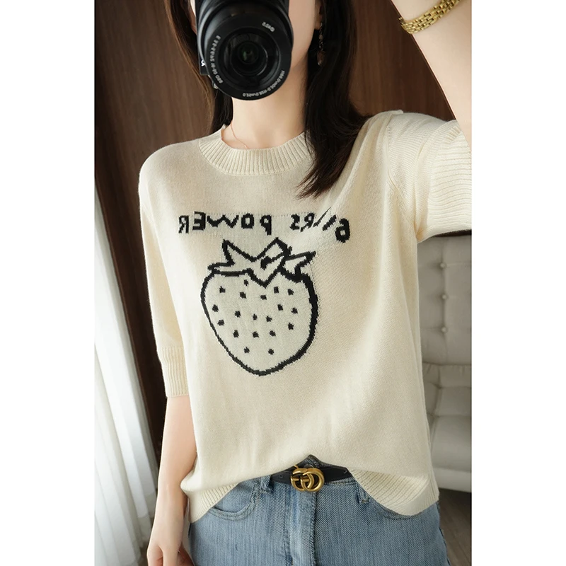 

Wool T-shirt women 2022 summer new 100% round neck pullover casual strawberry pattern ladies blouse tees short sleeve hot sale