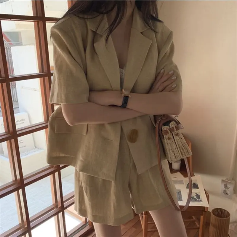 Костюм женский из 2 предметов Тонкий Блейзер цвета хаки хлопка и льна в