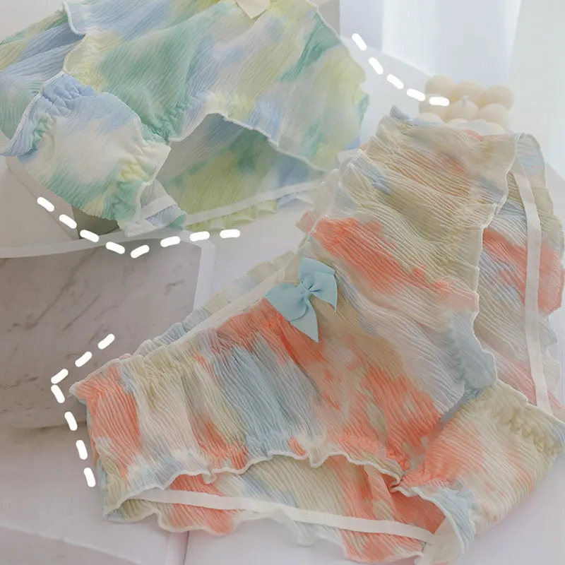 

Sweet Style Panties Women's Underpants Bow Ruffles Seamless Transparent Gradient Color Underwear Mid-waist Briefs Lingerie