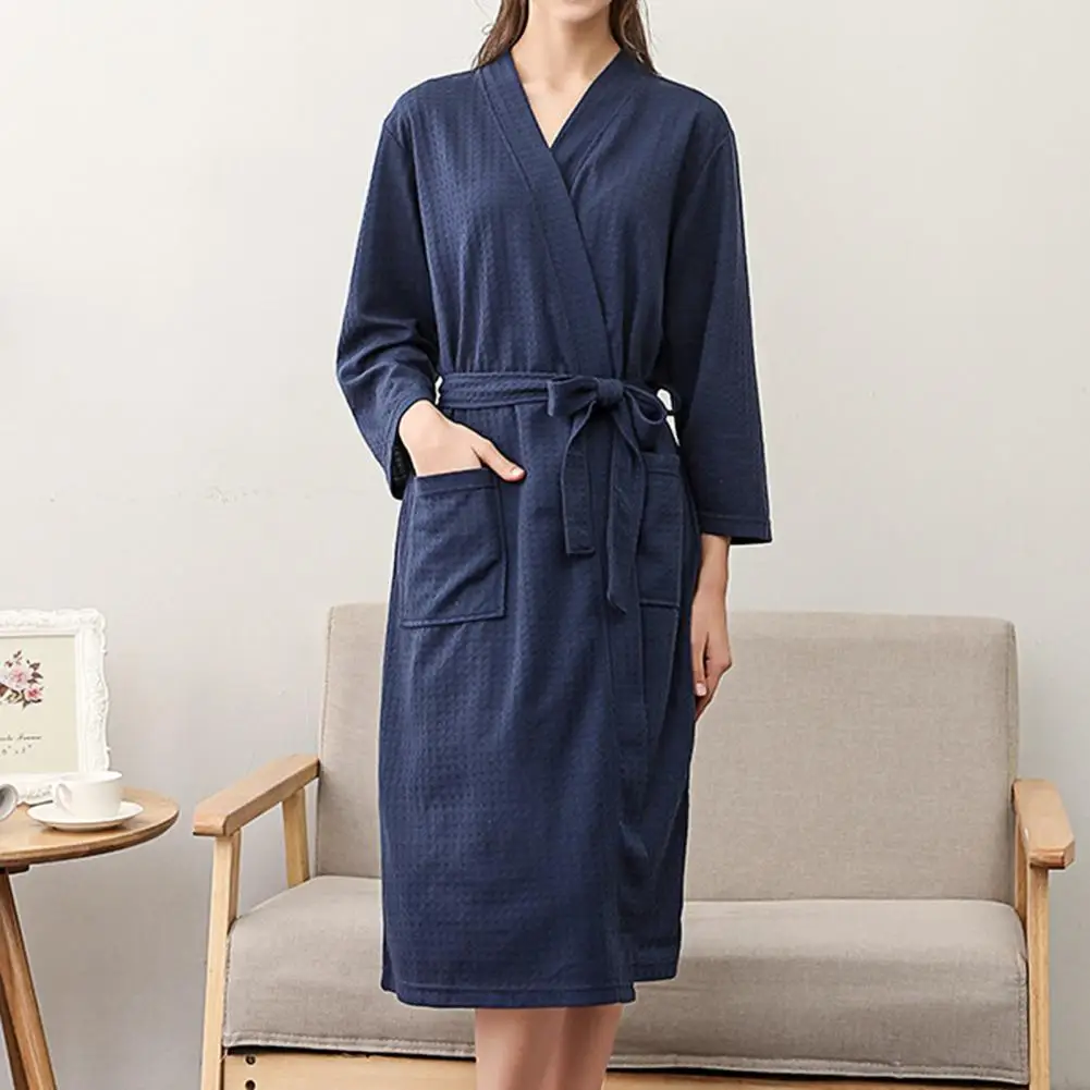 

Grid Texture Stylish Solid Belt Color Women Bathrobe Cardigan Sleeping Robes Long Sleeve for Women