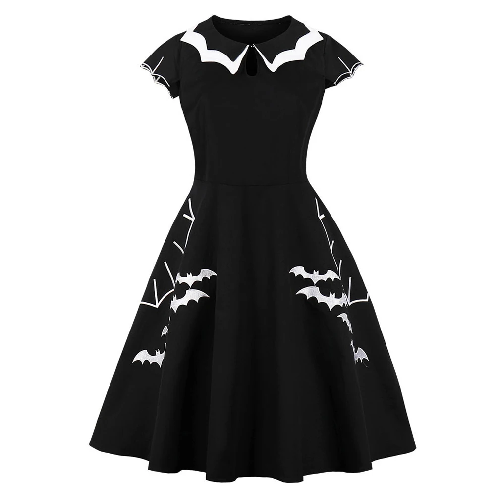 Панк Женщины Хэллоуин Летучая мышь вышивка короткий рукав полые рюшами воротник