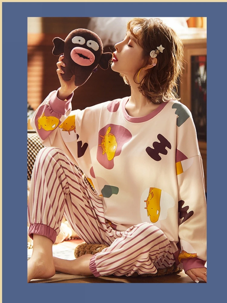 

Autumn and winter ladies pajamas red new long-sleeved knitted cotton new style female students sweet and cute home wear casual w