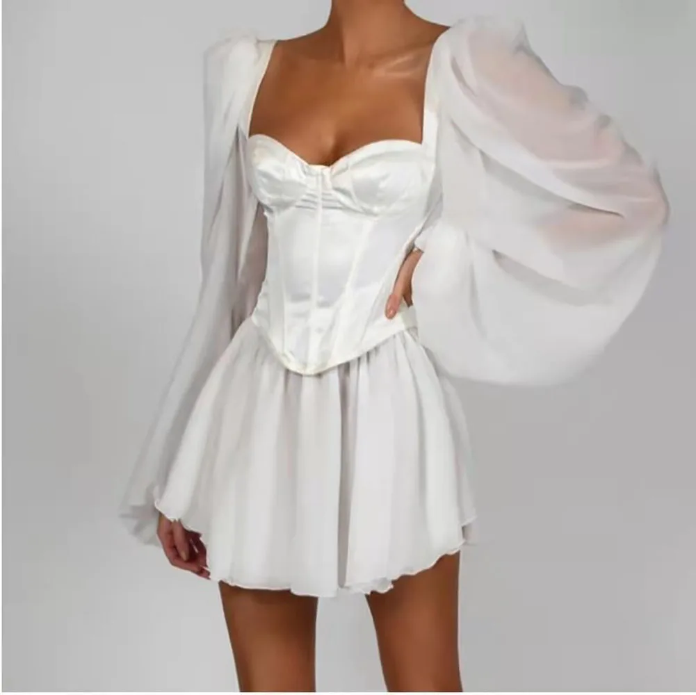 

Rocwickline New Summer and Autumn Women's Dress Fit and Flare Patchwork Young Style Solid Sweetheart Neck Butterfly Sleeve Dress