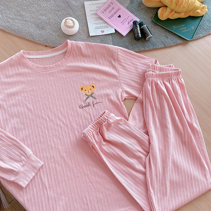 

Pure Cotton Simple Pajamas Women's Spring and Autumn Korean Style Sweet Cute Pink Bear Long-Sleeve Suit Thin Student Homewear