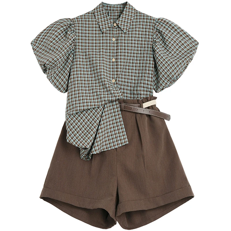 

Bugilaku Vintage Shorts Sets Women Two Piece Sets Turn Down Collar Short Sleeve Plaid Shirts High Waist Short Pants Streetwear