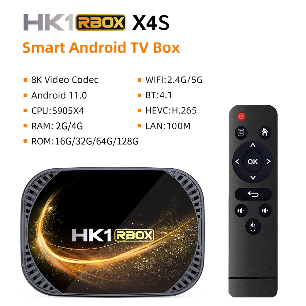 Приставка Смарт-ТВ HK1 RBOX X4S Android 11 Amlogic S905X4 4 + 64/128 ГБ 2 дюйма