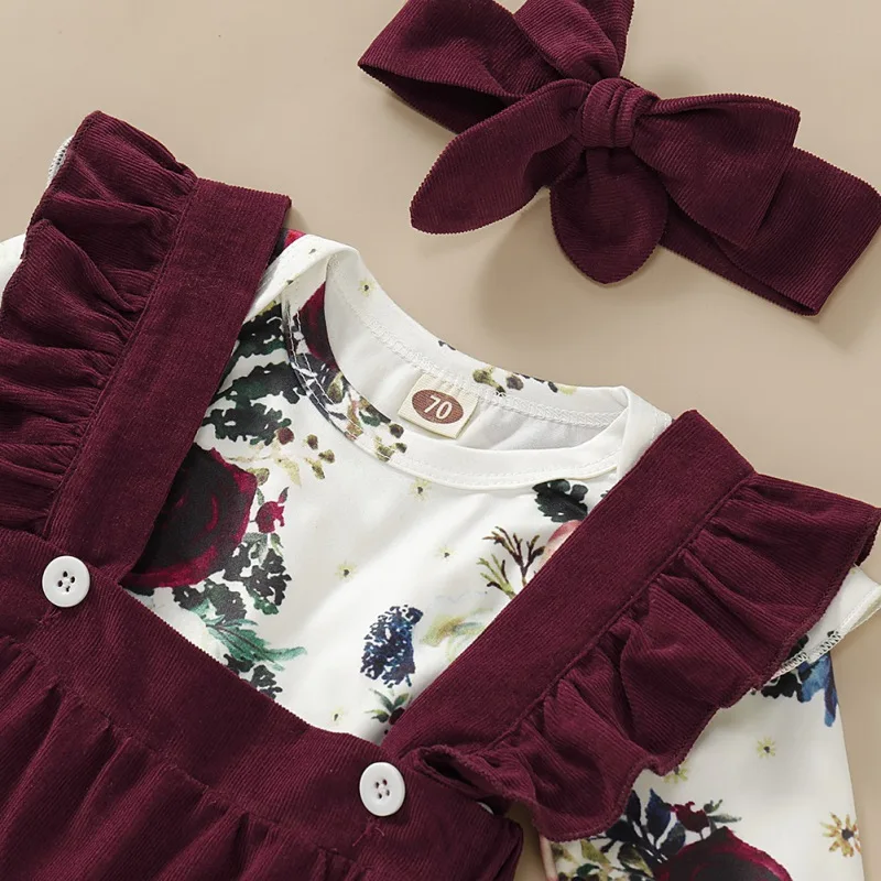 

0-24M Newborn Infant Baby Girl Clothes Set Autumn Spring Long Flare Sleeve Flower Pattern Romper+Strap Skirt+Headband Outfits