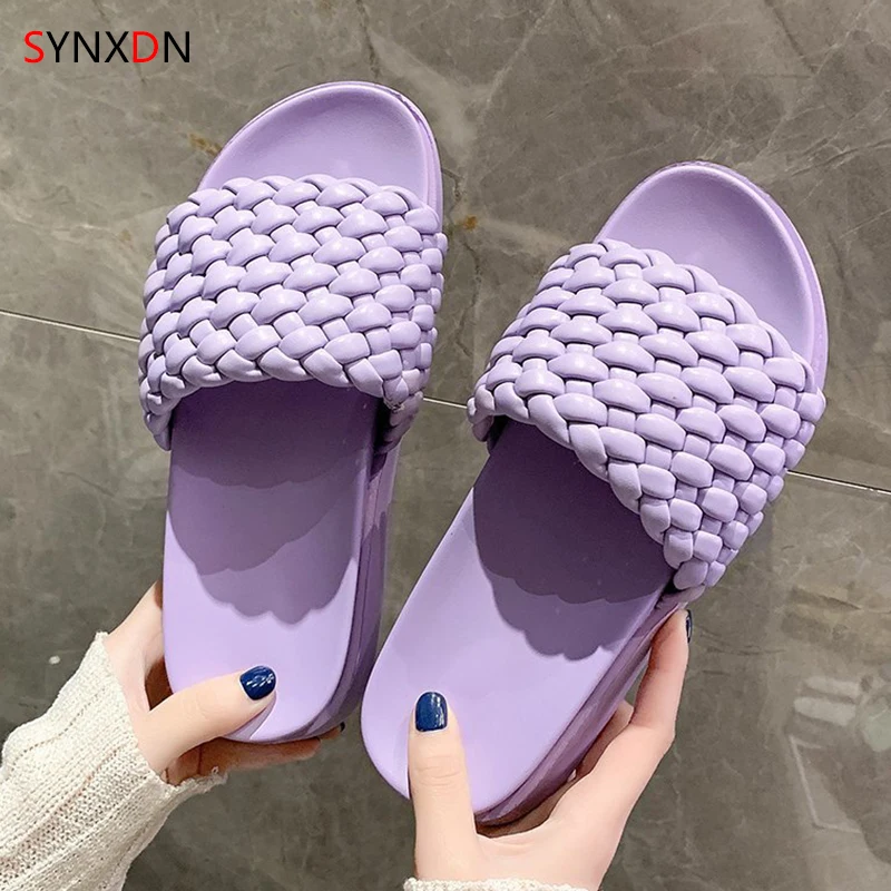 

HQFZO Women Slides Thick Bottom Summer Slippers High Heels Flat 4.5cm Leather Weaving Pattern Outdoor Beach Casual Flip Flops