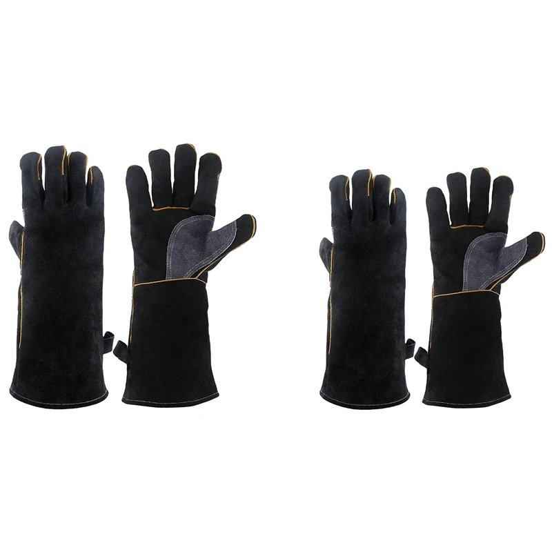 

2pair Extreme Heat & Fire Resistant Gloves Leather with Stitching,Mitts Perfect Black 16 Inches & 14 Inches