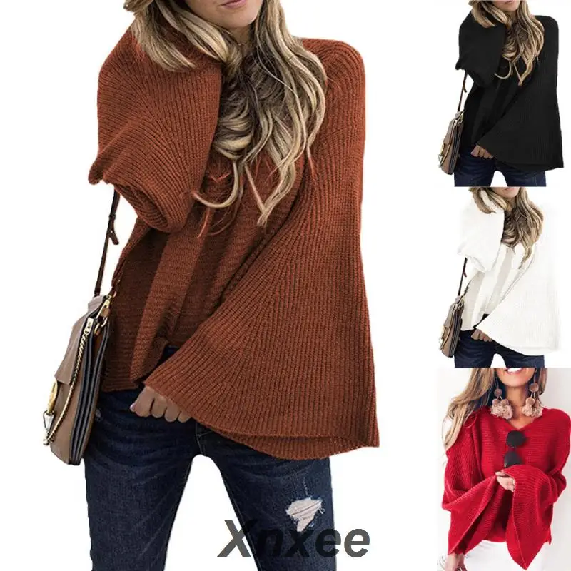 Женский трикотажный свитер с длинным рукавом расклешенным | Женская одежда