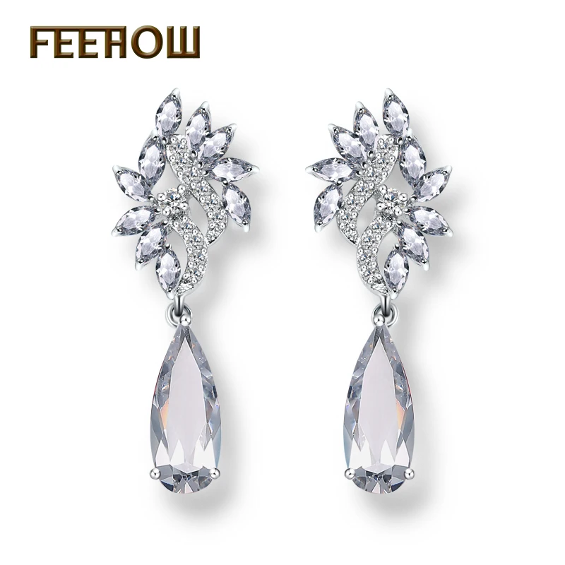 Женские свадебные серьги подвески FEEHOW циркониевые в форме капли с фианитом