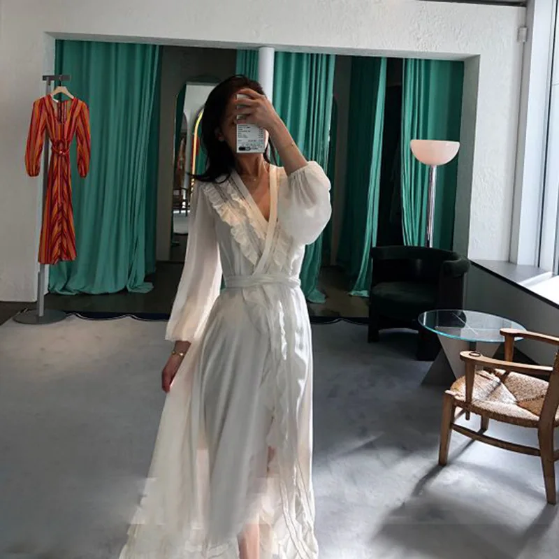 Сексуальные макси Вечерние белые осенние кружевные пляжные Vestido повседневные цветочные платья элегантные женские платья с длинным рукавом - Цвет: long  dress