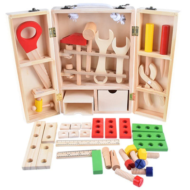 

Wooden Toolbox Pretend Play Set Educational Montessori Toys Nut Disassembly Screw Assembly Simulation Repair Carpenter Tool