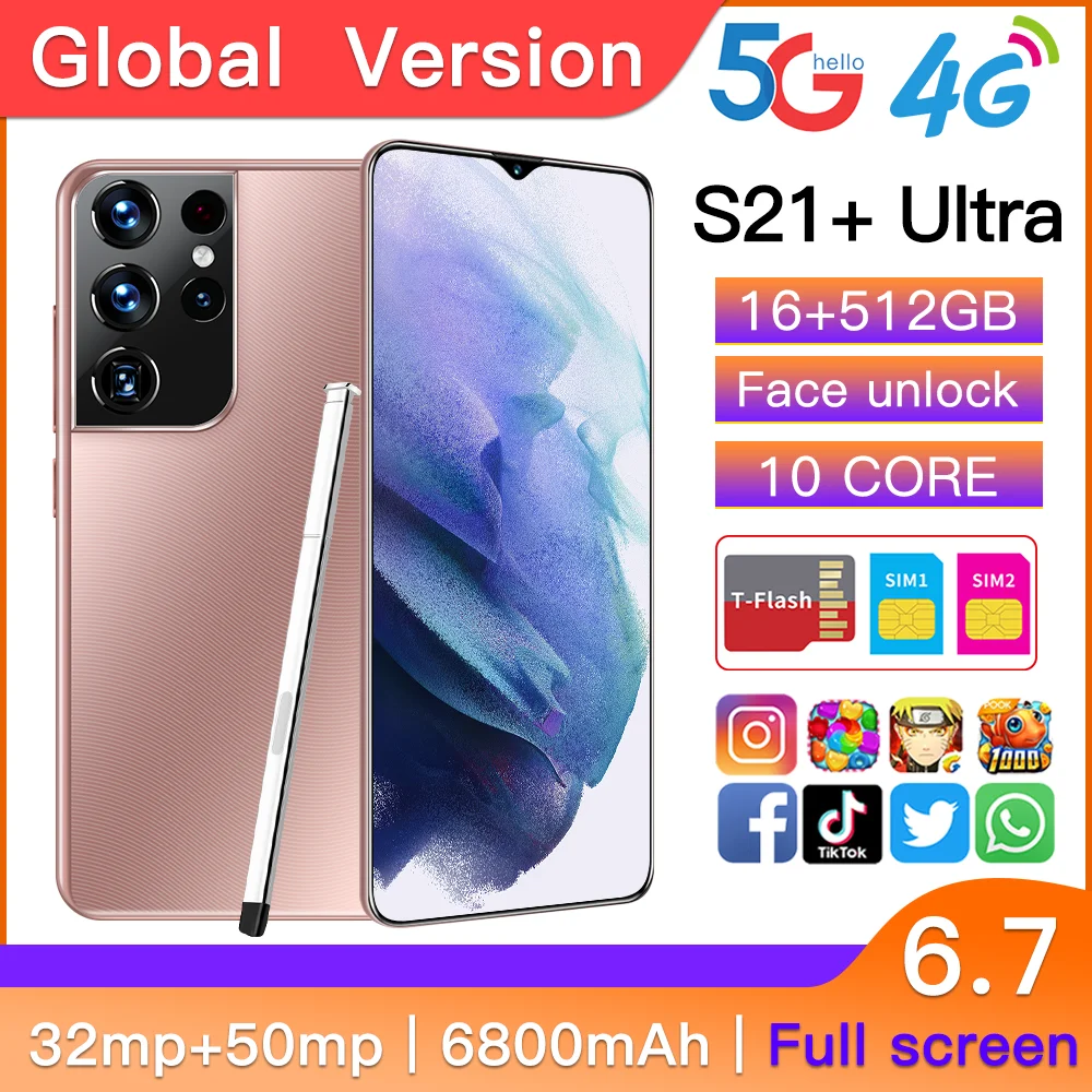 

Global Version Samsang S21 Ultra 6.7 Inch Smartphone 10 Core 16GB 512GB 32MP 50MP 6800mAh Snapdragon 888 Face ID Mobile Phone