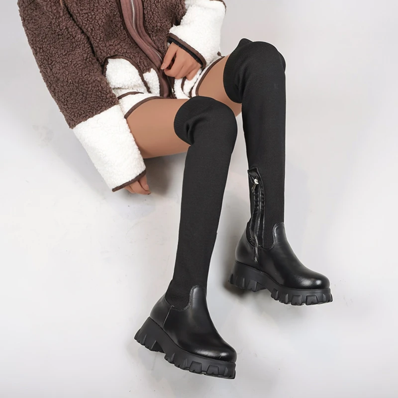 

Boots 2022 New Large Women's Shoes Fat Feet Thick Heels Thin Medium Boots Elastic Black Knight Boots Casual And Comfortab