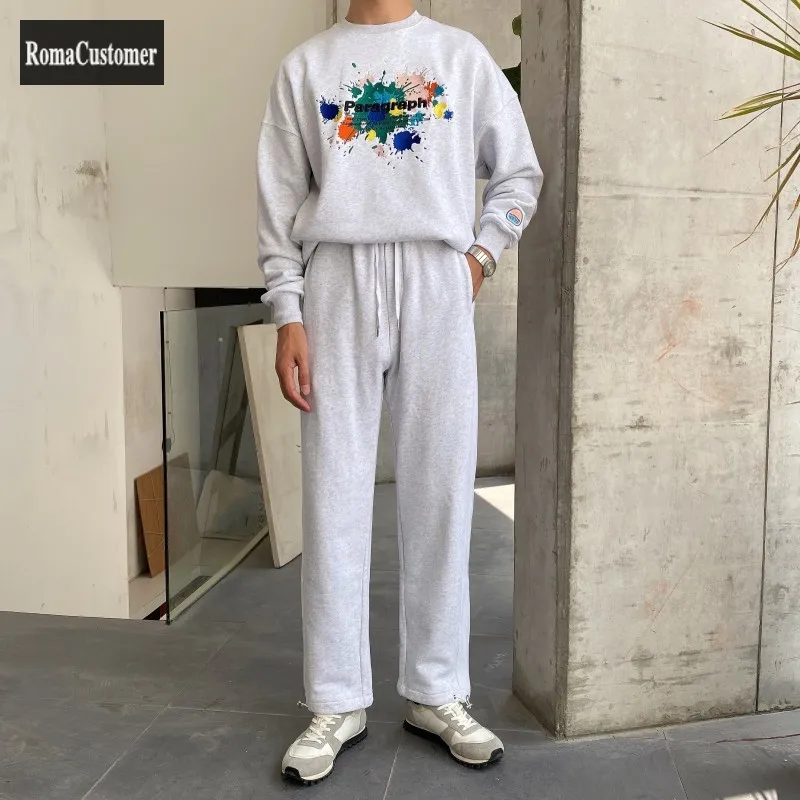 

New Thicken Fashion Embroidered Long Sleeve Pullover Sportswear Korean Sports Sets Mens Running Pants Sweatpants Two-Piece Suit