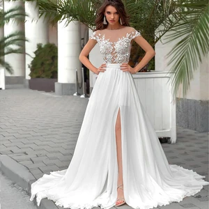 Simple Short Sleeve Wedding Dress Summer 2021 Robe Bridal Chiffon Long Beach A Line Wedding Dresses Lace Vestidos de novia