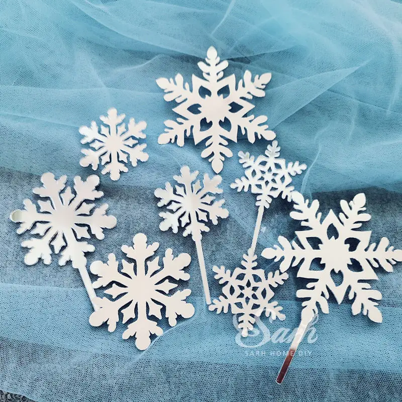 8pc silver snowflake Золотые серебристые, лазерные лося Счастливого Рождества торт Топпер Замороженные вечерние Акриловые Поддельные украшение в виде хлопьев снега для приспособление для выпечки подарок любви - Цвет: 8pc silver snowflake