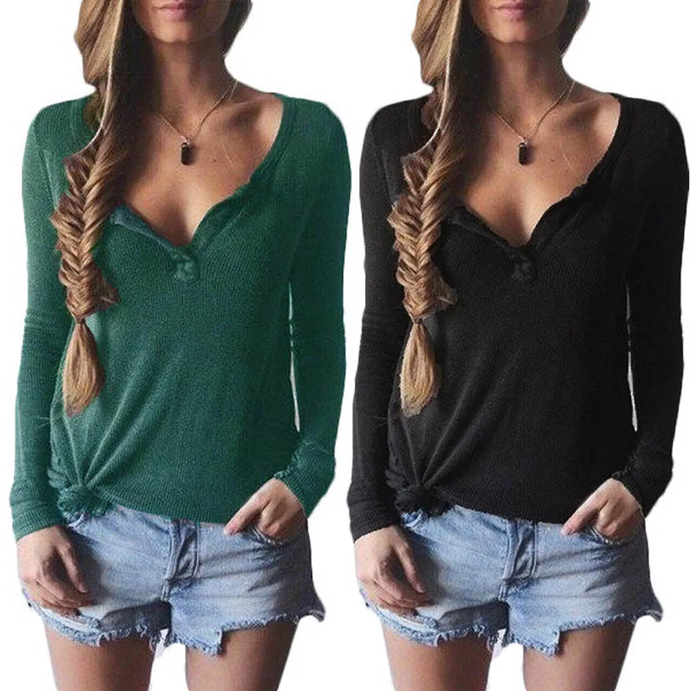 

Pop Women Long Sleeve Knitted T-shirt Spring Autumn Casual V Neck Slim Fit Solid Knitwear Tops Pop 88