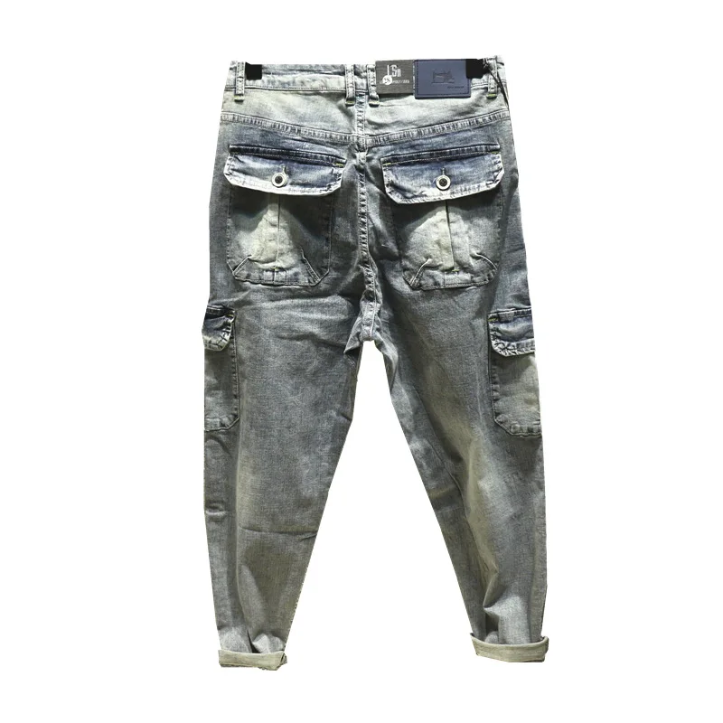 

2021 2021 Fashion Multi-pocket tooling retro wash jeans men's light color brand loose harem pants plus size close feet