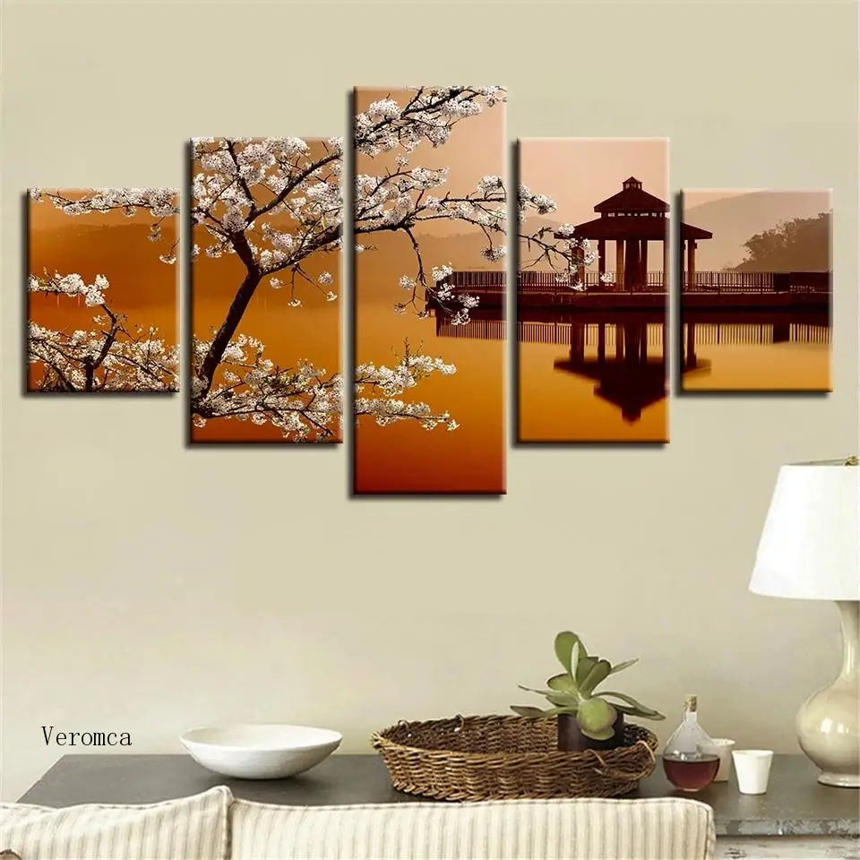 

5 Pieces Decor Poster Wall Art Canvas Painting Pear Flower and Small Pavilion Retro Scenery Hd Prints Modular Pictures
