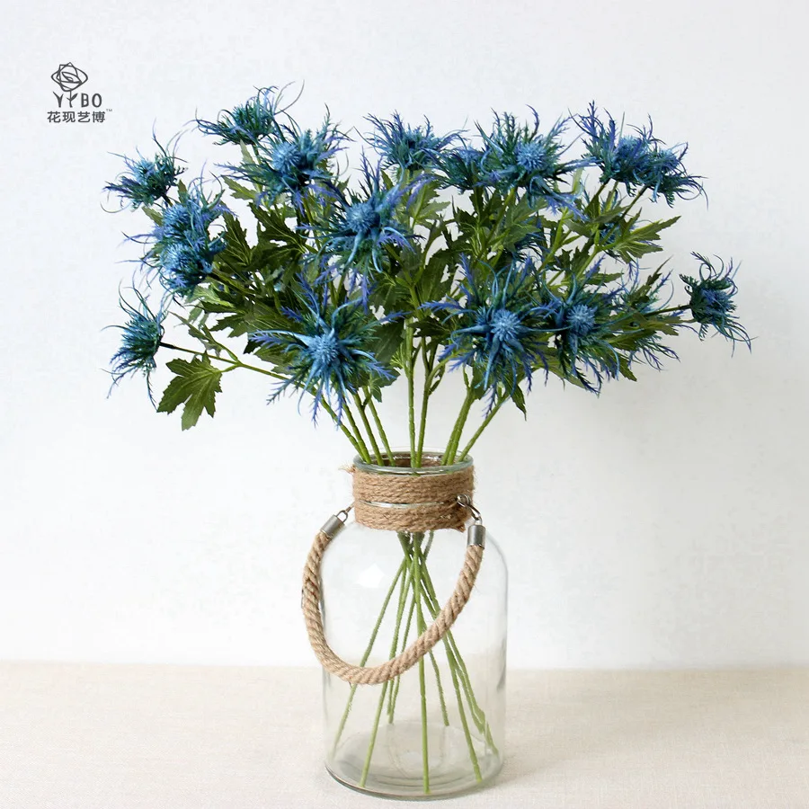 

3 Heads Faux Thistle Green Plants Artificial Flowers Glitch Sprays Centerpiece Decor Wedding Valentine's Day Home Decoration