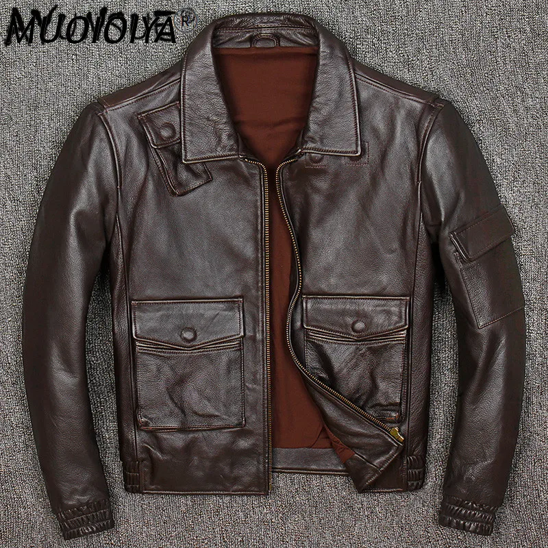 

MUOIOYIA Men Leather Jacket Real Cow Leather Coat Oversized Loose 2022 Spring New Fashion Style of Military Short Full 1832-1