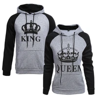 king queen pullovers crown print unisex men women autumn hoodies sport slim sweatshirt for couple lovers light patchwork hooded