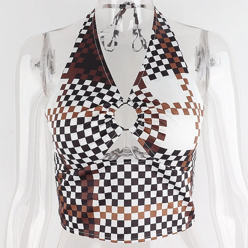 

ALLNeon 90s Aesthetics Sexy Backless Lace-Up Halter Tops Y2K Fashion V-neck Hollow Out Brown Plaid Print Crop Top Indie Vests