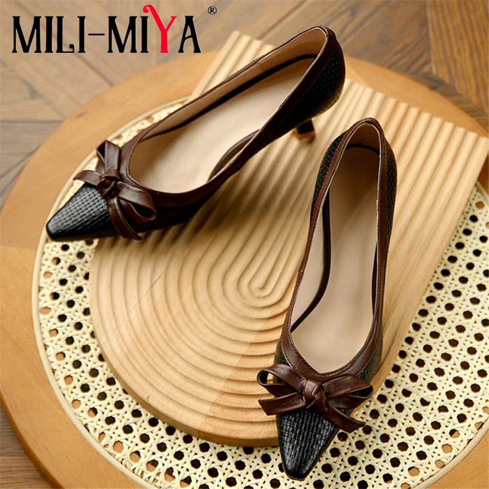 

MILI-MIYA Fashion Women Full Genuine Leather Pumps Butterfly Knot Pointed Toe Low Square Heels Office Career Shoes For Ladies
