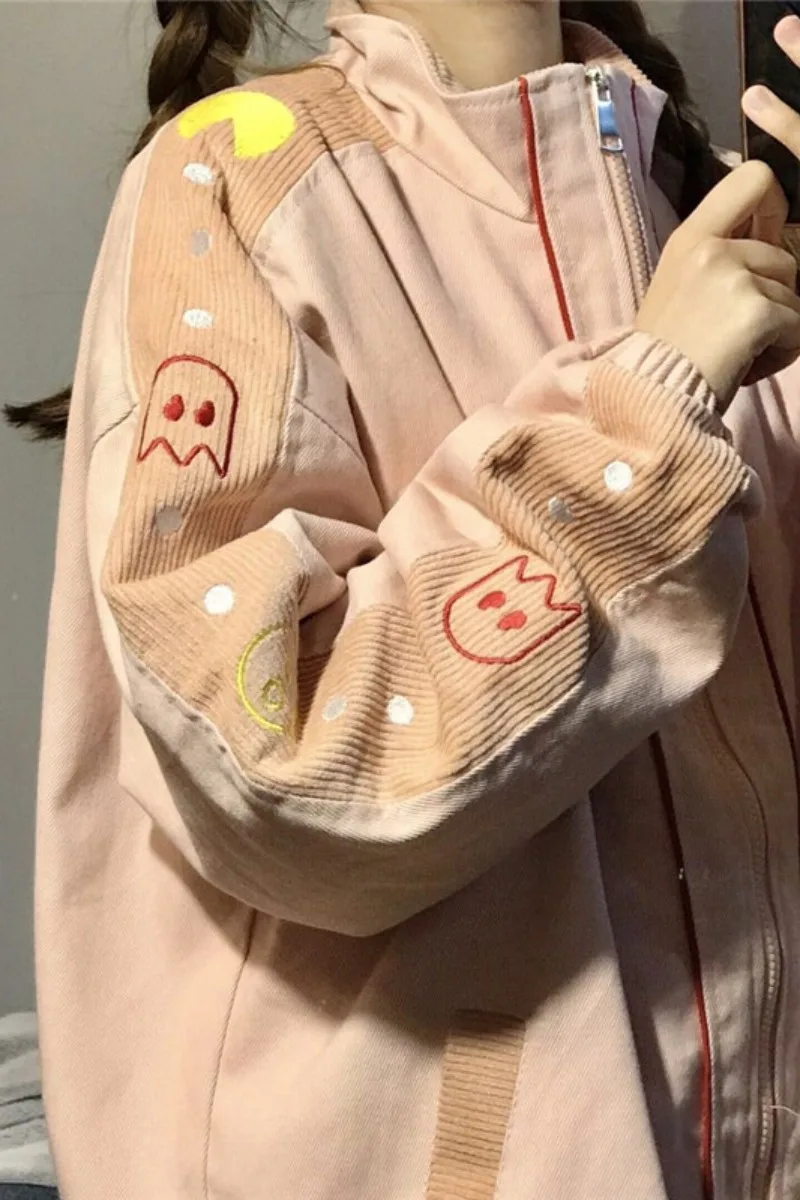 

Korean INS Embroidery Monster Coat Girl Vintage Loose Sweet Cute Splicing Corduroy Pink Jacket Female Spring Autumn Outer Tops