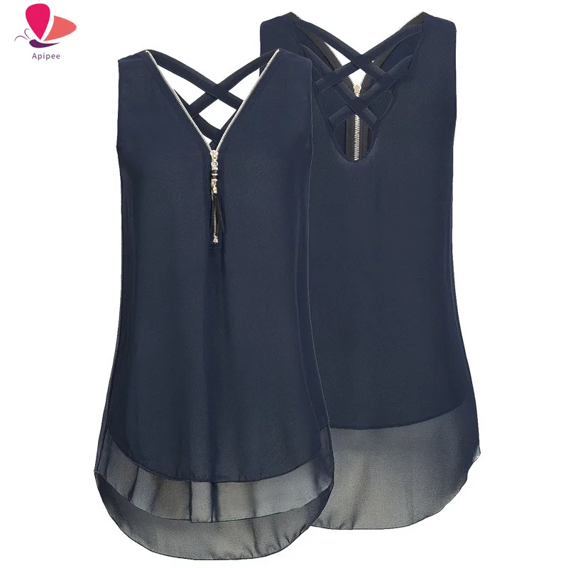 

Популярные стильные женские рубашки, Повседневная шифоновая блузка, приталенные топы с V-образным вырезом, без рукавов, на молнии, с перекре...