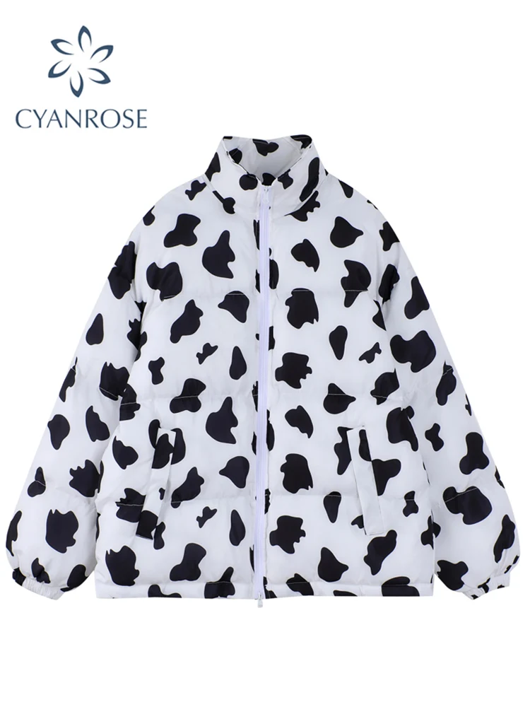 

Winter Cow Print Coat Women's Parkas Jacket Warm Thickened Oversized Puffer Bubble Harajuku Streetwear Loose Cotton-padded Coat