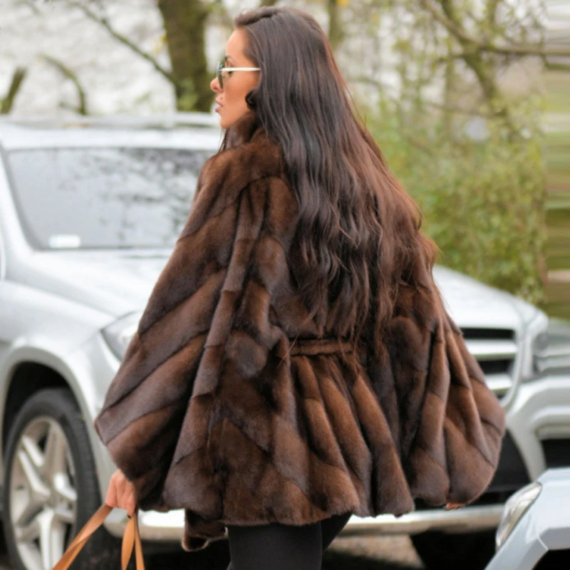BFFUR Dark Coffee Real Mink Fur Coats Women 2022 New Genuine Mink Fur Jackets With Bat Sleeved Luxury Fur Overcoats Trendy 2022