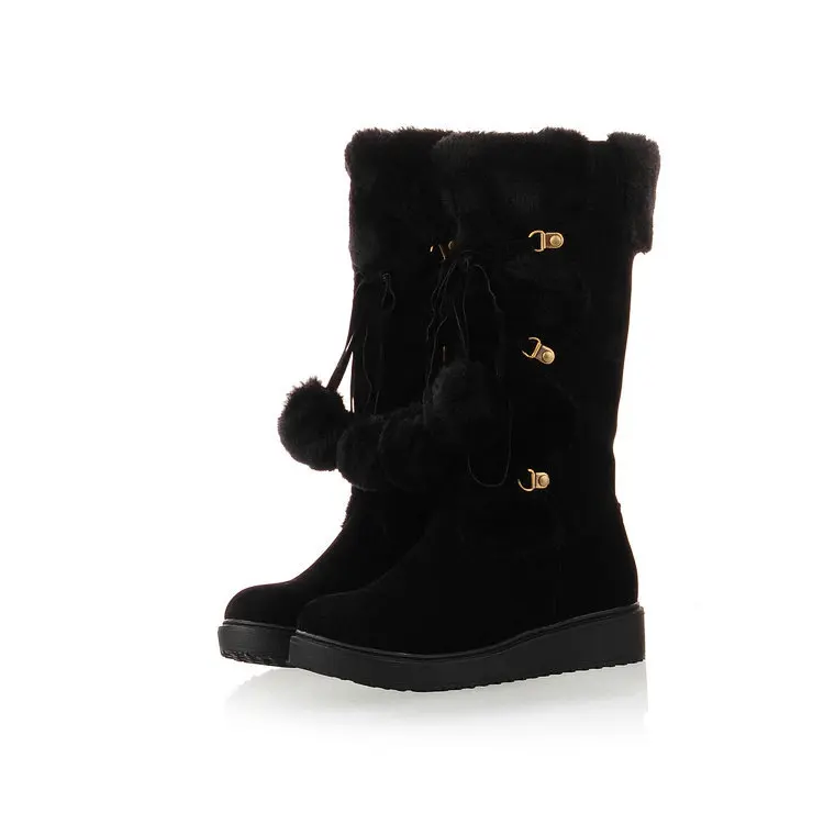 Милые теплые женские сапоги до середины икры с меховым помпоном зимняя бархатная