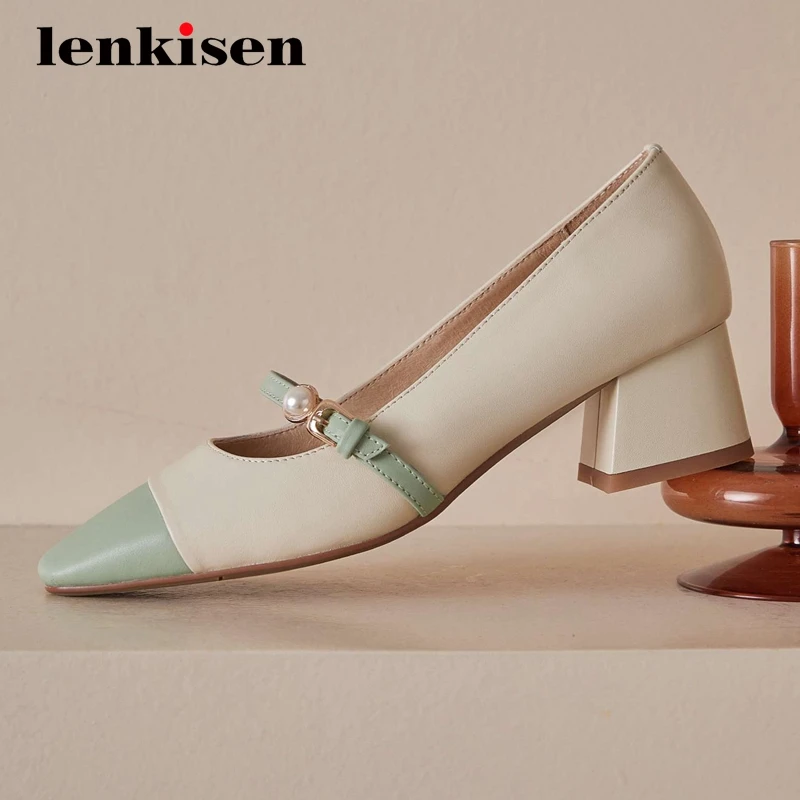 

Lenkisen gladiator full grain leather buckle decorations pearl square toe thick med heel slip on dating gorgeous women pumps L53