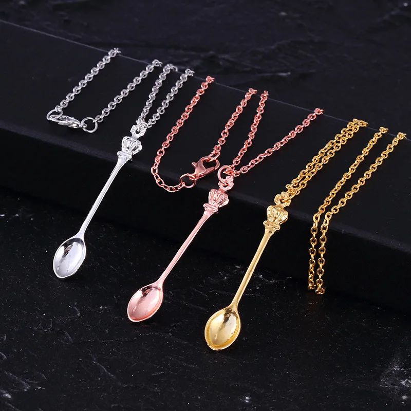 1pcs New Gold Silver color Plated Tone Snuff Mini Tea Crown Mini Tea Spoon Vintage Royal Snuff Ibiza Festival Necklace