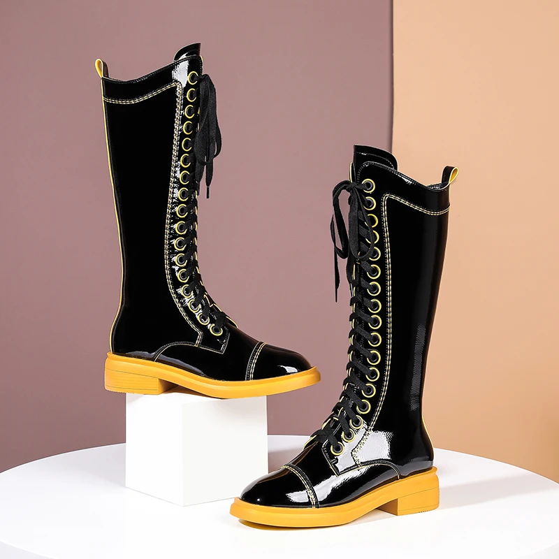 

NIKOVE 2021 Patent Leather Mid Calf Boots Round Toe Sewing Long Boots Lace Up Zipper Winter Fashion Women Shoes Size 34-39