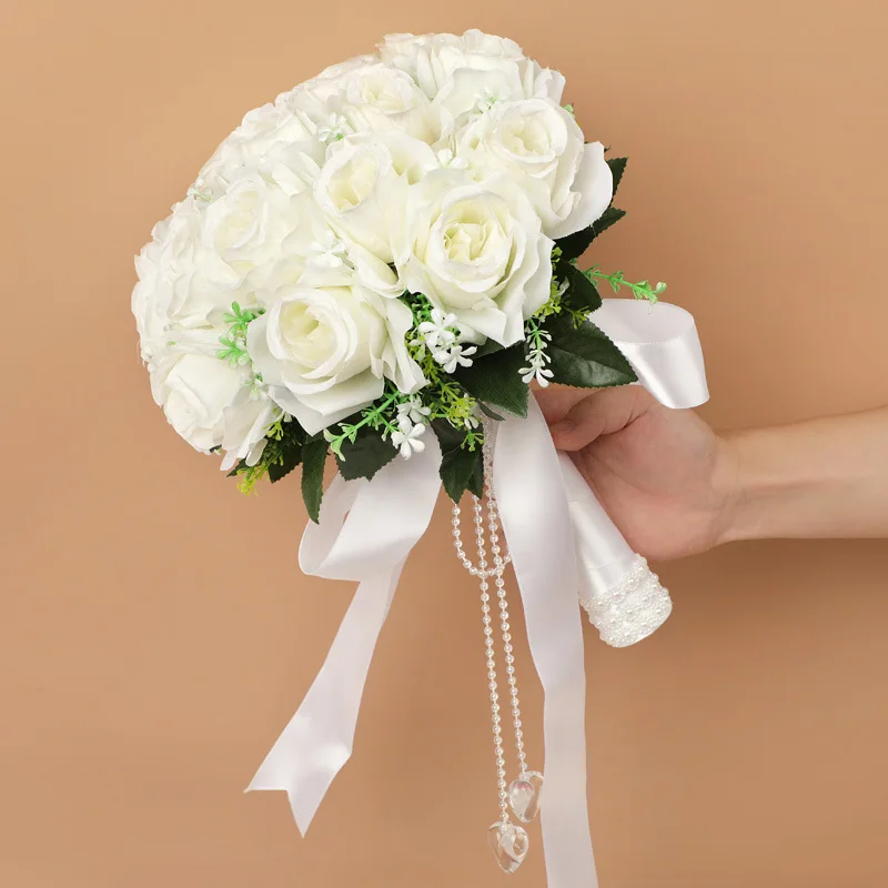 

Princess Wedding Bouquets 2021 Flowers Ribbons Crystal For Bride Wedding Vestido De Noiva Custom Color White