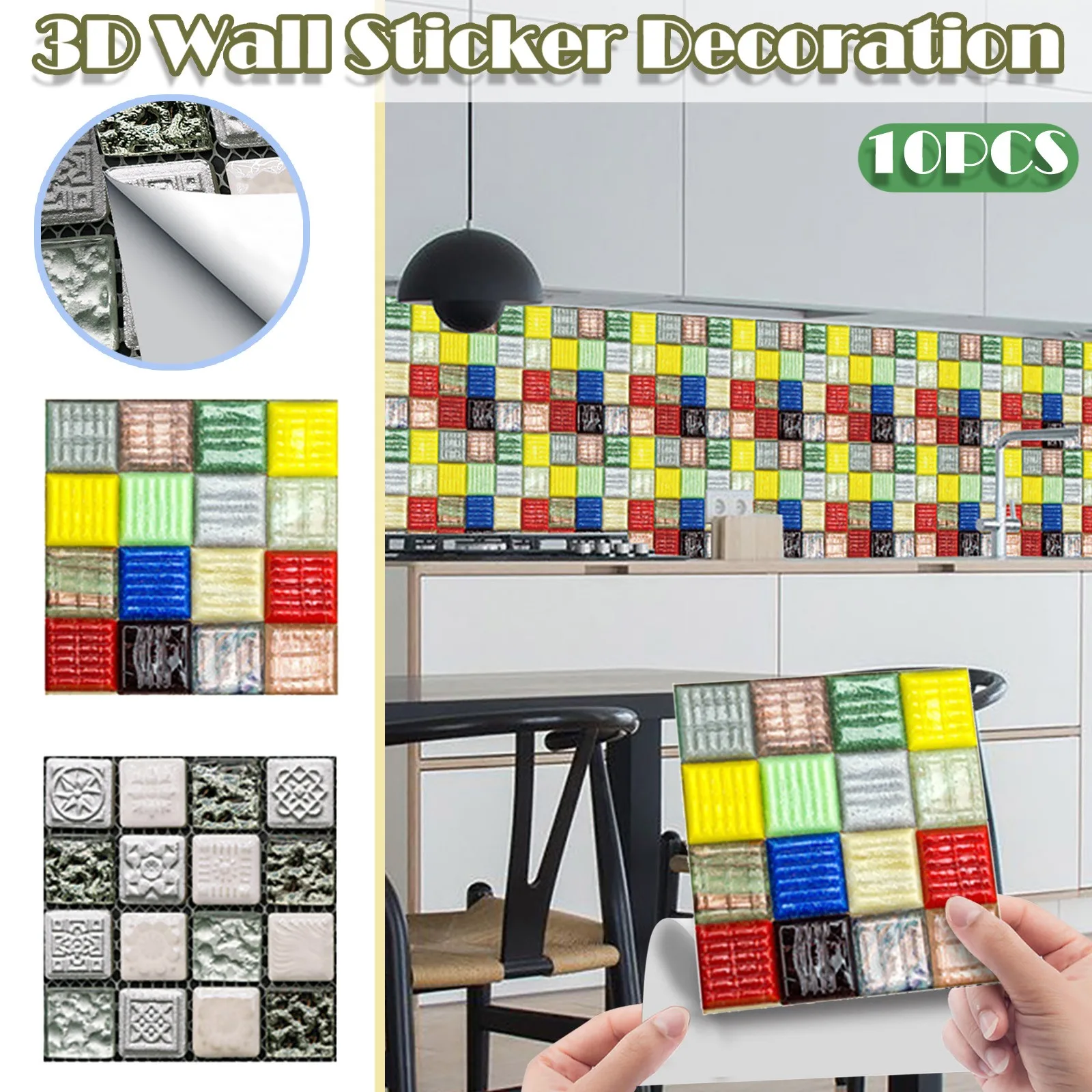 

10pc 3d Crystal Tile Stickers Diy Waterproof Self-adhesive Wall Stickers Pattern Kitchen Backsplash Bathroom Wall Tile Sticker