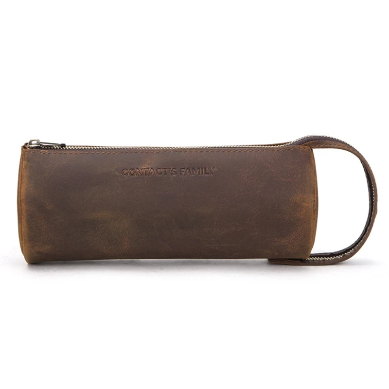 

Retro Cowhide Leather Zipper Pencil Case High Capacity Business School Pen Bag