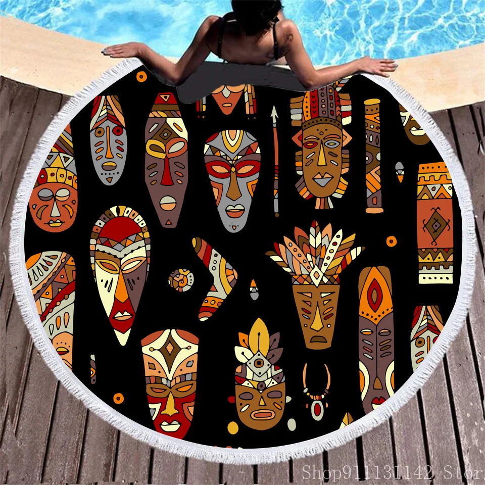 

Modern African Tribal Elements Digital Printing Microfiber Circular Beach Towel Shower Surfing Circular Swimming Mat with Fringe